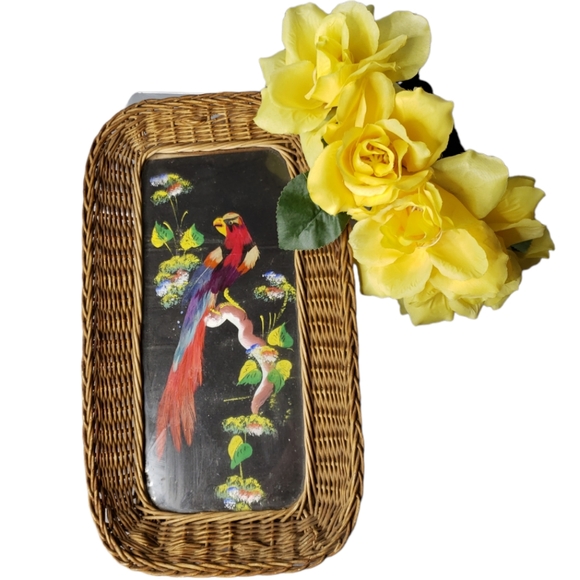 Mexican Vintage Handcrafted Feather Paint Wicker Tray - Picture 1 of 7